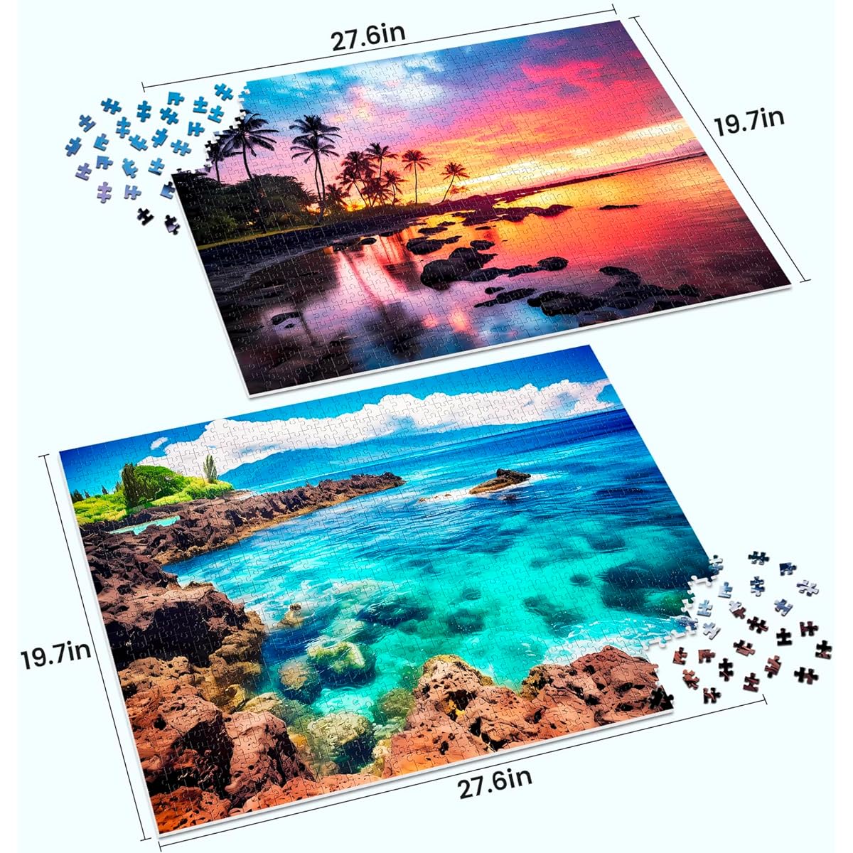 Edsjegn 2 Pack 1000 Piece Puzzle for Adults - Over 1000 Pieces 2000 Piece Puzzle for Adults Beach Coconut Tree Leaf Landscape Jigsaw Puzzle