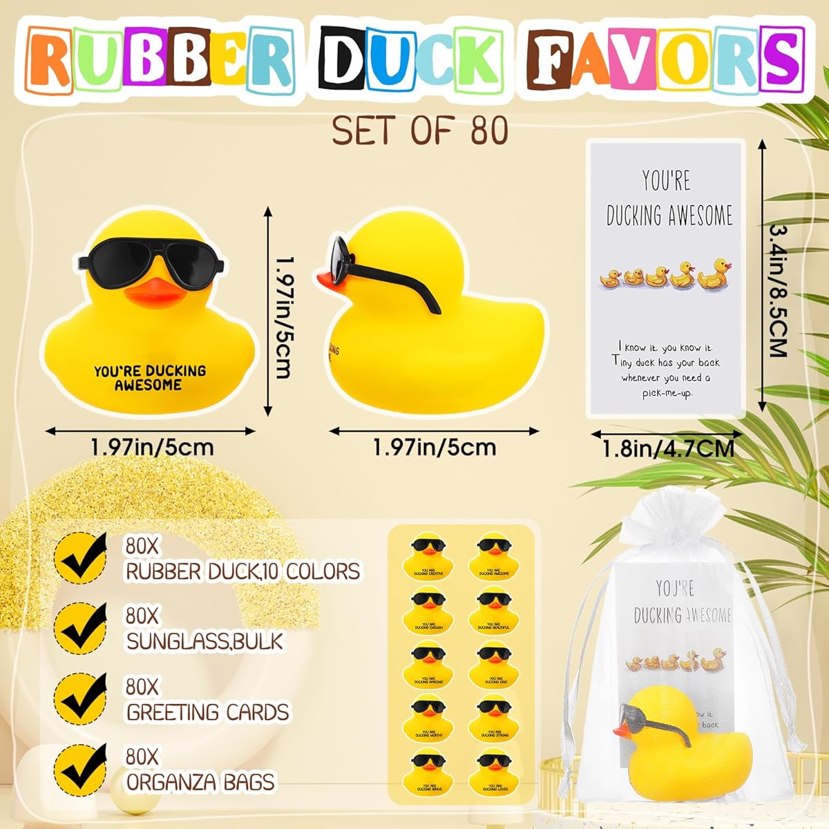 Glimin 80 Set Inspirational Mini Rubber Duck with Glasses You are Amazing Sign Thank You Gift for Employee Coworker Motivation Appreciation Christmas Gift You're Ducking Awesome Cheer up Card (Yellow)