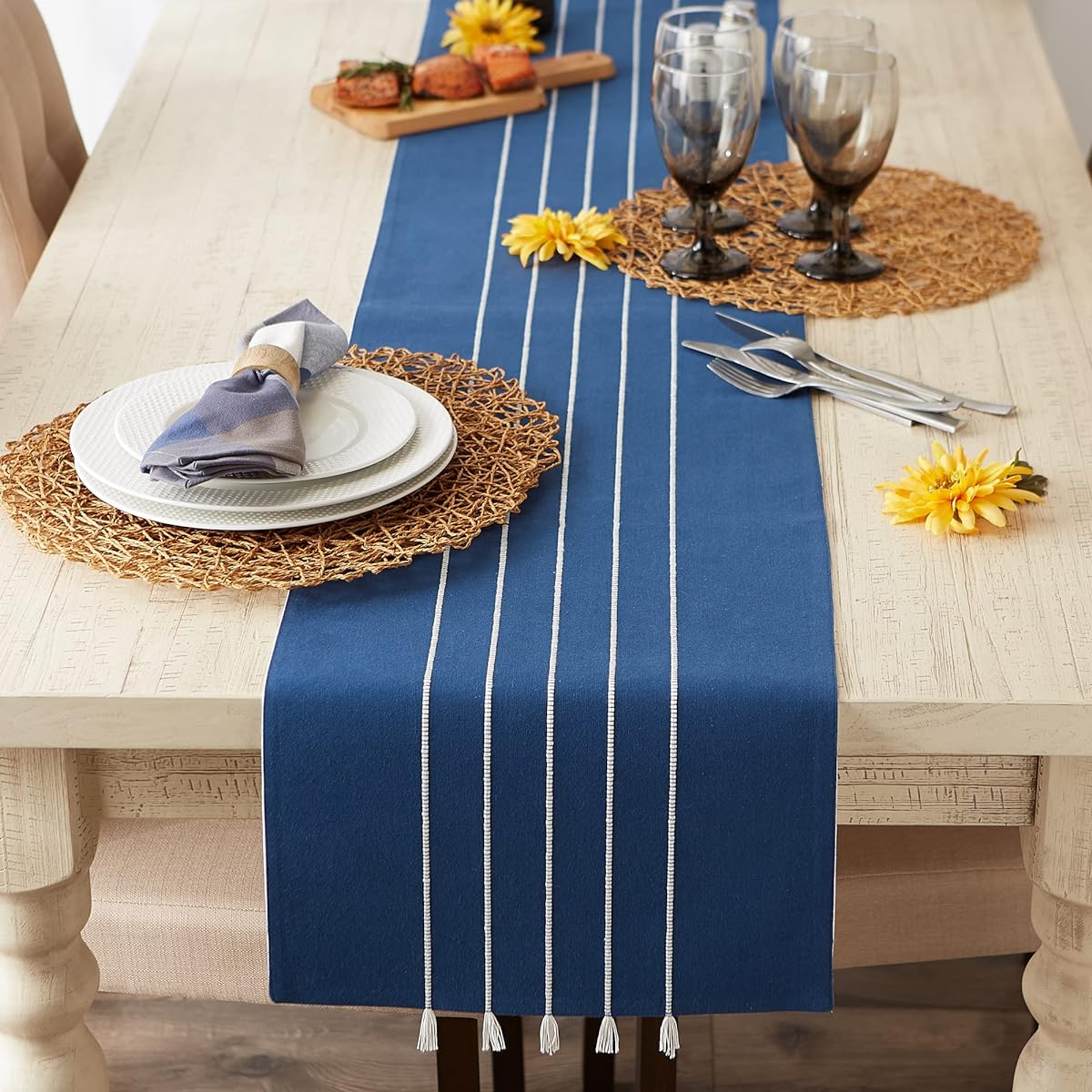 DII Tassel Stripe Tabletop Collection Decorative Machine Washable Table Runner 14x72 Inch Navy & Off White