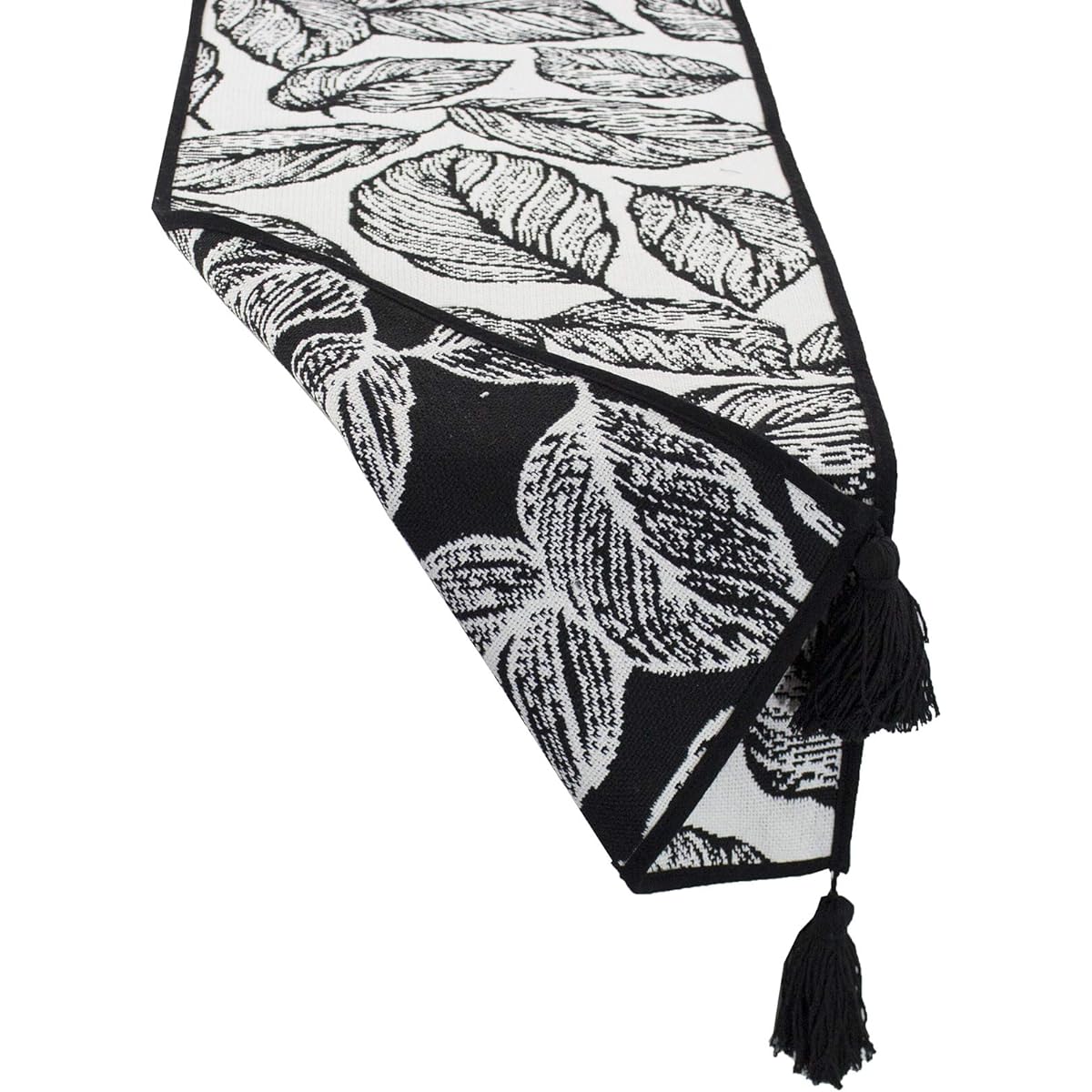 Fennco Styles Black and White Leaf Woven Table Runner - 14" x 71" Reversible Runner Table Centerpiece Dining Home Decor Indoor Parties Holiday Events Tassel Table Runner