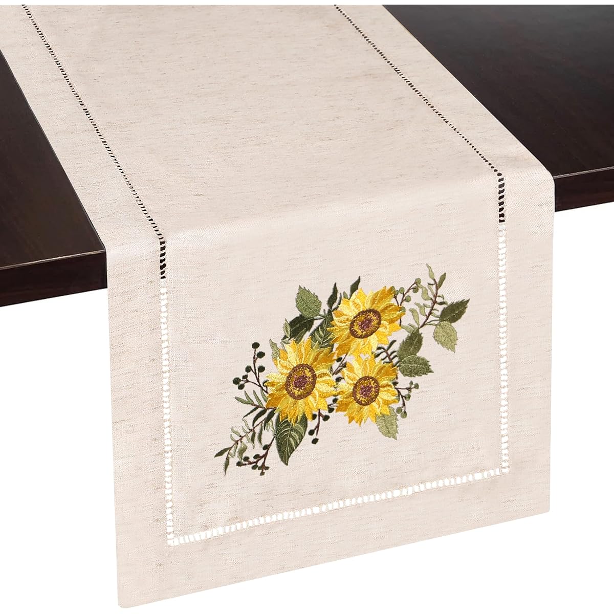 Brio Trends Sunflower Embroidered Summer Table Runner, Rustic Farmhouse Decor, Sunflower Decorations, Summer Decor for Home, Natural Beige (14" x 72")