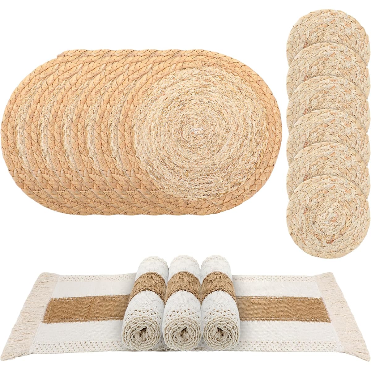 Boho Macrame Table Runners Placemats Coasters Set of 13 Rustic Table Runners with Tassels Absorbent Boho Placemats Natural Burlap Farmhouse Coasters for Drinks Bohemian Dining Kitchen Desk Decor (Fresh)