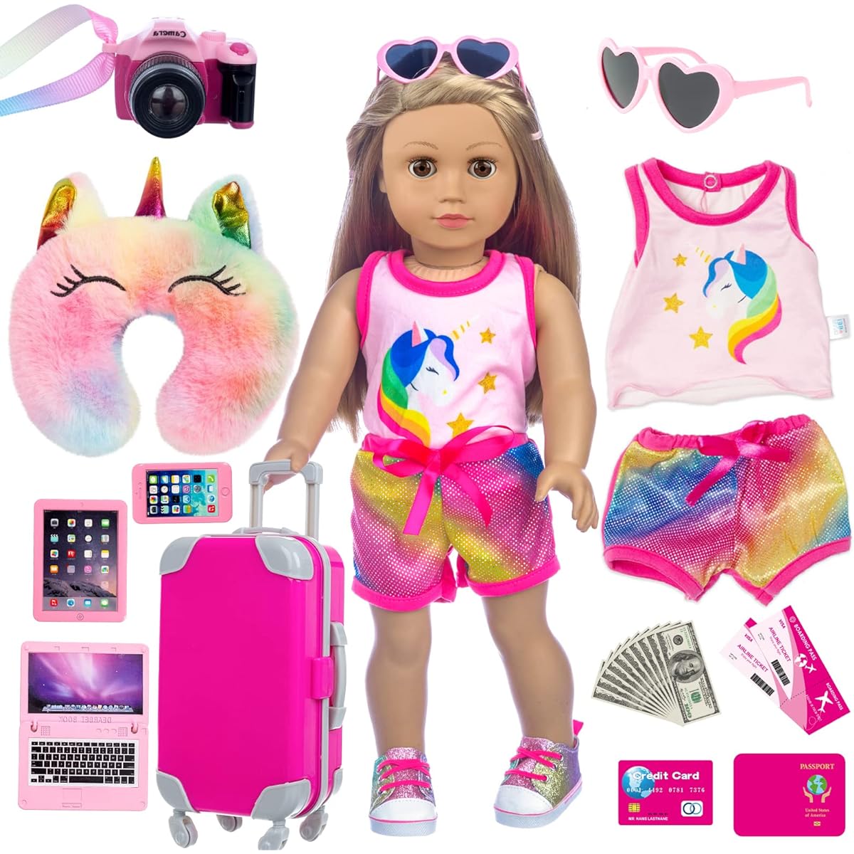 XFEYUE 23 Pieces 18 Inch Doll Clothes and Accessories - Suitcase Luggage Pillow Sunglasses Camera Passport Cell Phone Computer Doll Travel Gear Playset Fits 18 Inch Girl Doll (Without Doll)