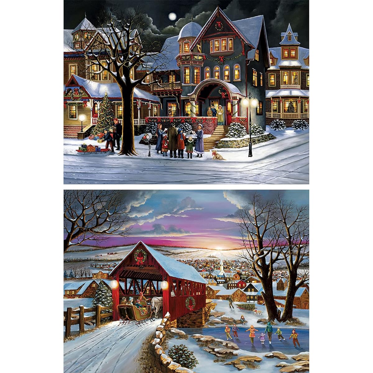 Bits and Pieces - Value Pack of 2 300 Piece Jigsaw Puzzles for Adults - Puzzle Measures 18" x 24" - 300 Pieces Home Again, Carolers, Christmas, Winter, Snow, Holiday Village, Artist: H. Hargrove