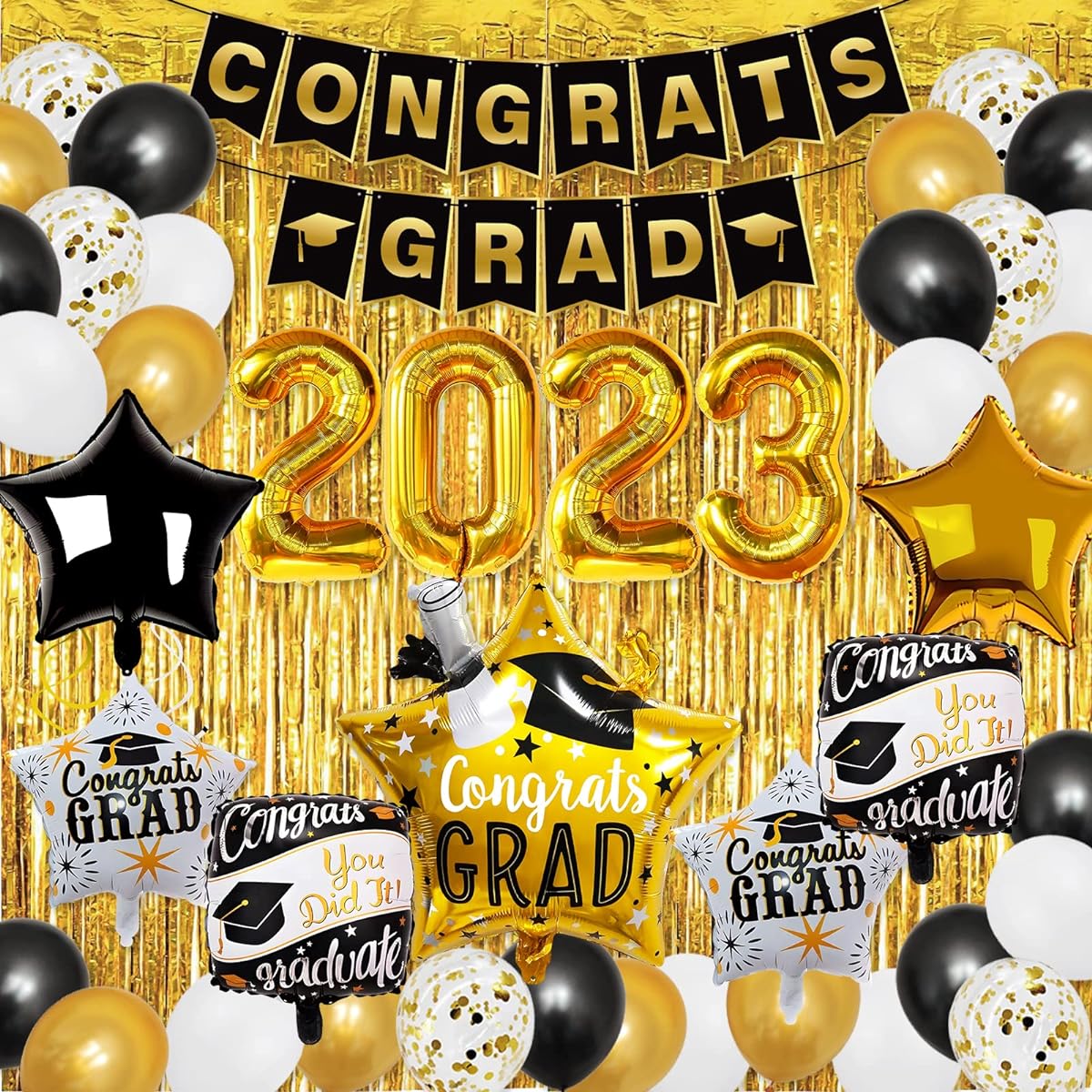 Graduation Party Decorations 2023 Set Black and Gold Graduation Decorations 2023 Graduation Banner Graduation Balloons Gold Fringe Graduation Party Supplies 2023 Class of 2023 Decorations