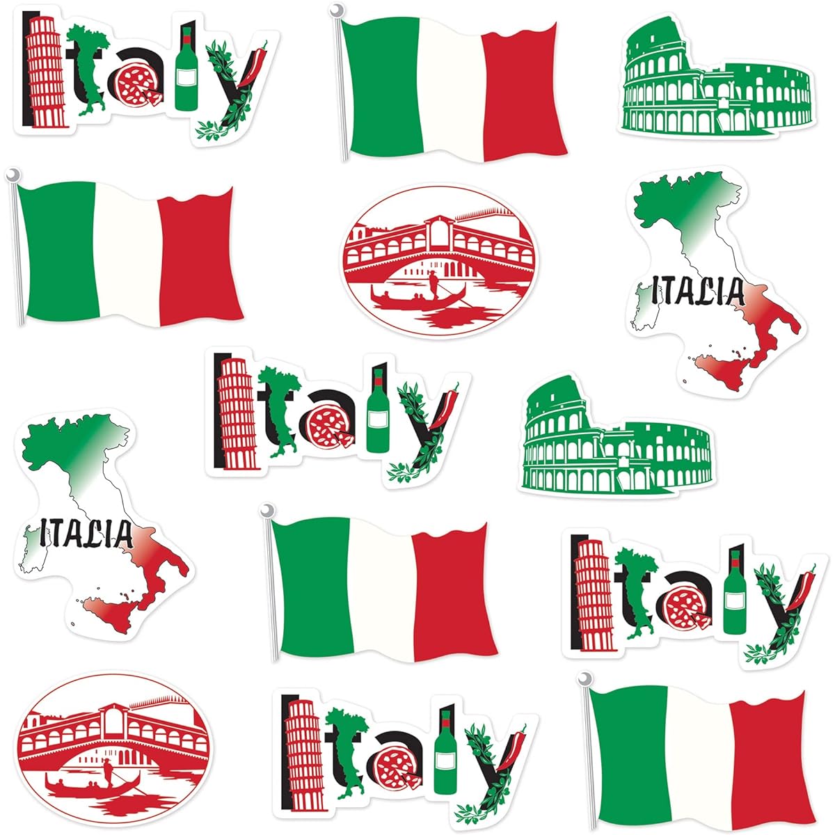 Beistle 53674 Italy Cutouts, 14 Pieces, Italian Decorations, Party Supplies from Around the World, 12"-16", Red/White/Green/Black