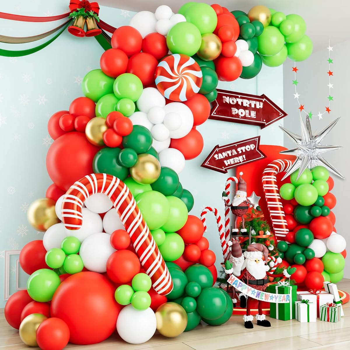 CboDeco Christmas Balloon Garland Arch Kit, 125 Pieces Red Dark Green White Gold Lime Green Balloons Candy Balloons Cane Balloons Silver Siamese Explosion Star Balloons for Christmas Party Decorations