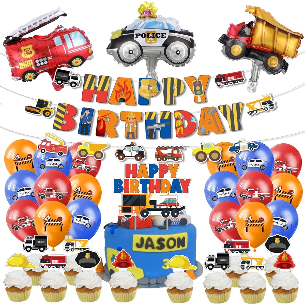 Construction Birthday Party Supplies Police Car Party Decorations Fire Truck Birthday Party Supplies Banner Balloon Dump Truck Foil Balloon Cake Topper