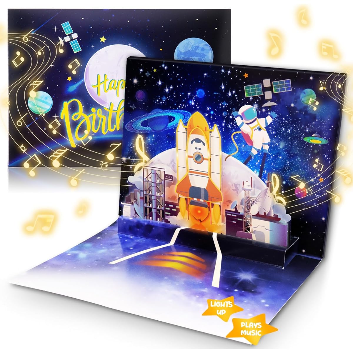 BYKOOO Musical Birthday Card with 6 LED Lights, Rocket Blast Birthday Card, 3D Pop Up Greeting Card with Handmade Design & Envelope, Perfect for Kids/Men/Women