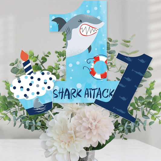 1st Birthday Shark Zone - Javan Shark First Birthday Party Centerpiece Sticks - Table Toppers - Set of 15