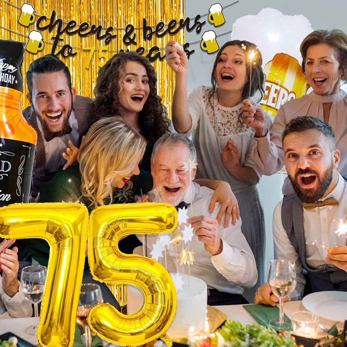 75th Birthday Decorations for Men, 75th Birthday Decorations, 40 Inch Gold 75 Number Balloons, Cheers to 75 Banner, Fringe Curtain, Cups, Foil Balloons