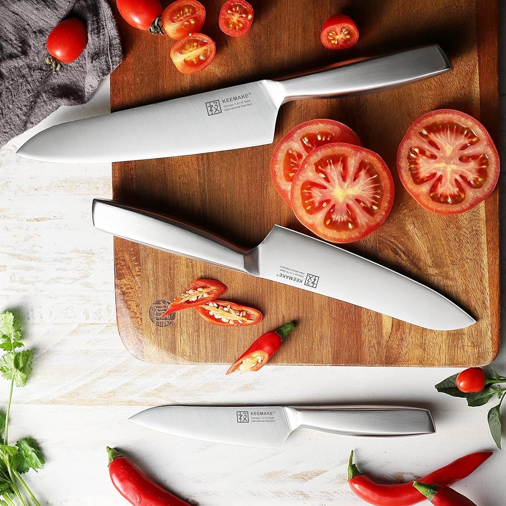 KEEMAKE Knife Set, Santoku Knife, Stainless Steel 203mm, 160mm, 130mm, Dishwasher Safe, All-Purpose Knife, Multifunctional, Left-Handed Knife, Bread Knife, Meat Cutting, Vegetable Cutting, Fish Cutting, Kitchen Utensils, Present, Gift