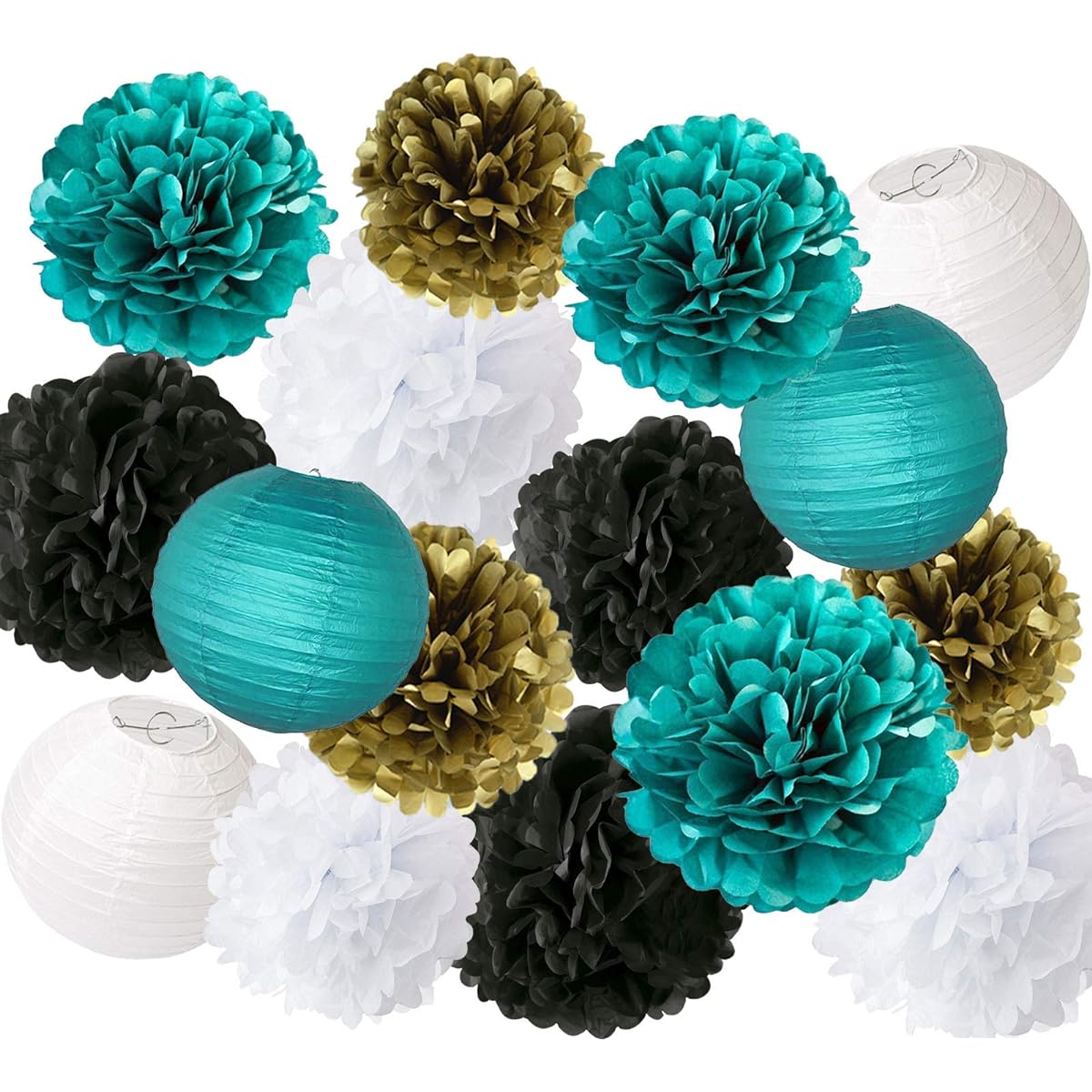 Furuix White Teal Black Gold Party Decorations Tissue Paper Pom Pom Paper Lanterns Teal Theme Party Wedding Teal Black Bridal Shower Decorations Teal Baby Shower Teal Wedding Decorations