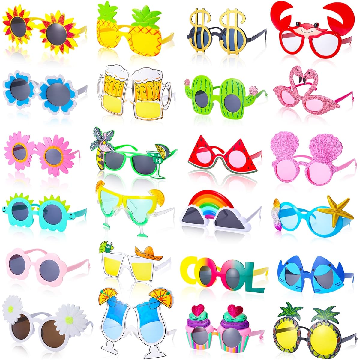 Luau Party Sunglasses Funny Hawaiian Glasses Plastic Sunglasses Hawaiian Theme Party Sunglasses Tropical Sunglasses Party Favors Photo Booth Glasses Luau Beach Theme Party Supplies 24pcs, as shown in the pictures