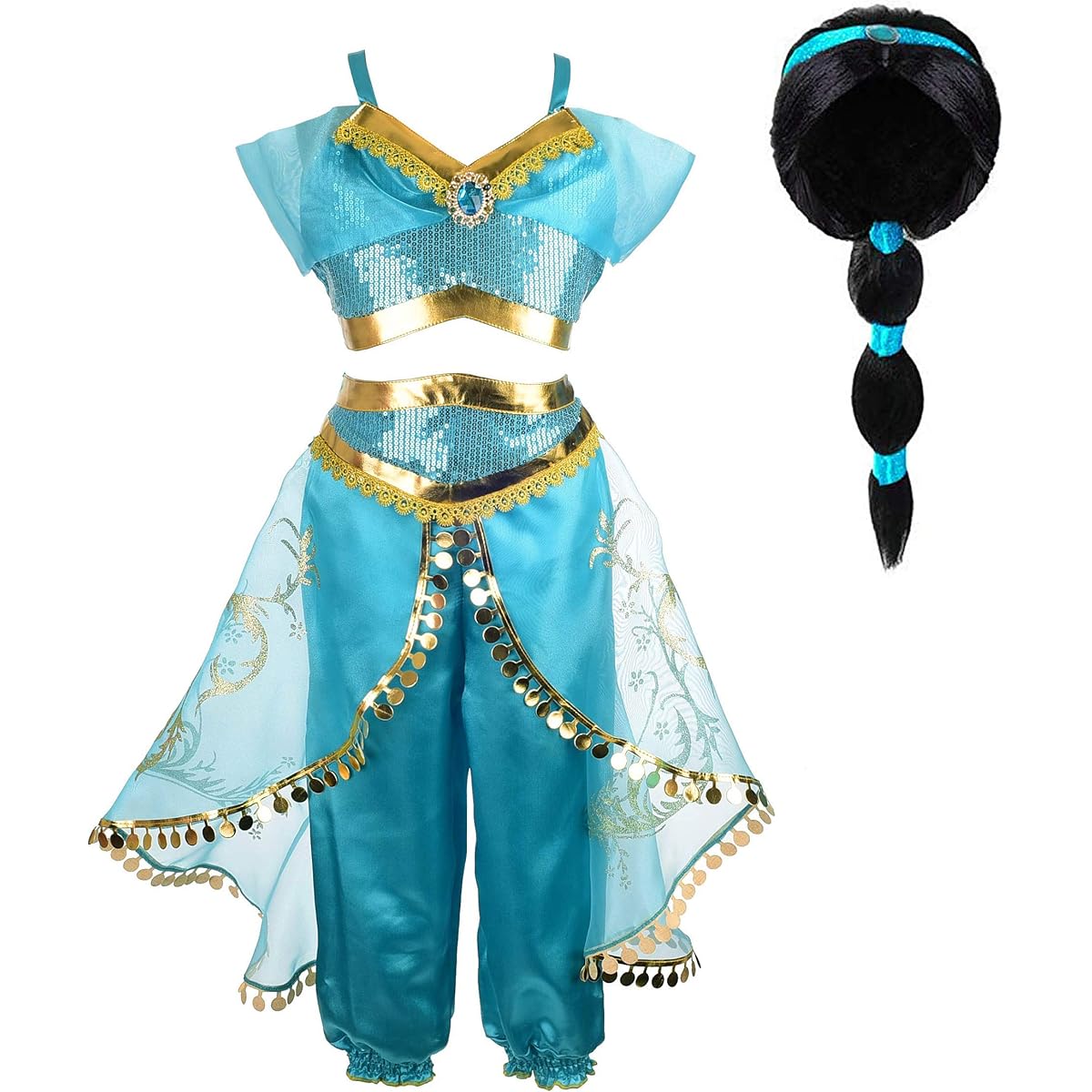 Taco Bear Princess Jasmine Costume Girls Arabian Sequin Jasmine Belly Dance Dress Up Princess Wig Cosplay for Kids
