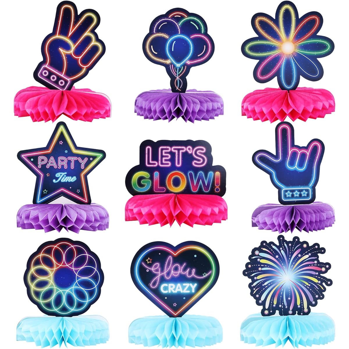 9 Pieces Luminous Neon Party Decorations Honeycomb Centerpieces for Tables Let's Glow Honeycomb Decorations Tabletop Centerpiece Signs Glow in the Dark Party Baby Shower