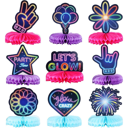 9 Pieces Luminous Neon Party Decorations Honeycomb Centerpieces for Tables Let's Glow Honeycomb Decorations Tabletop Centerpiece Signs Glow in the Dark Party Baby Shower