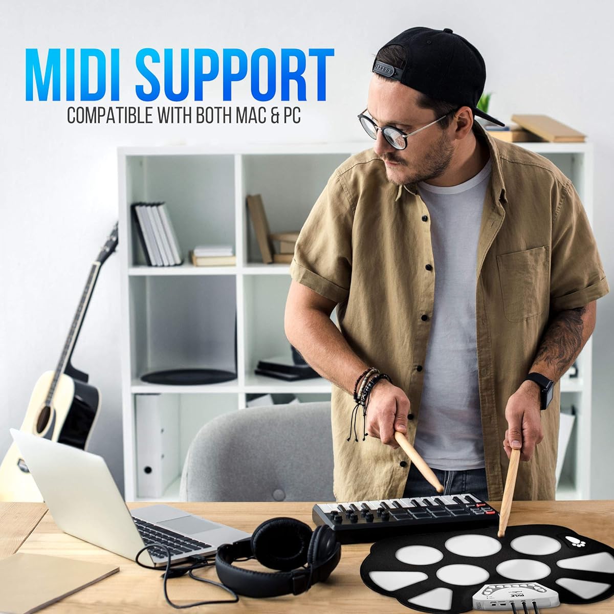 Pyle Electronic Roll-Up MIDI Drum Kit - Tabletop Roll-Up Drum Kit w/ 9 Electric Drum Pads, Foot Pedals, Drum Sticks, and Power Supply - Cheap, Discount Prices w/ Drum Electric Kit & Songs - Pyle PTEDRL11