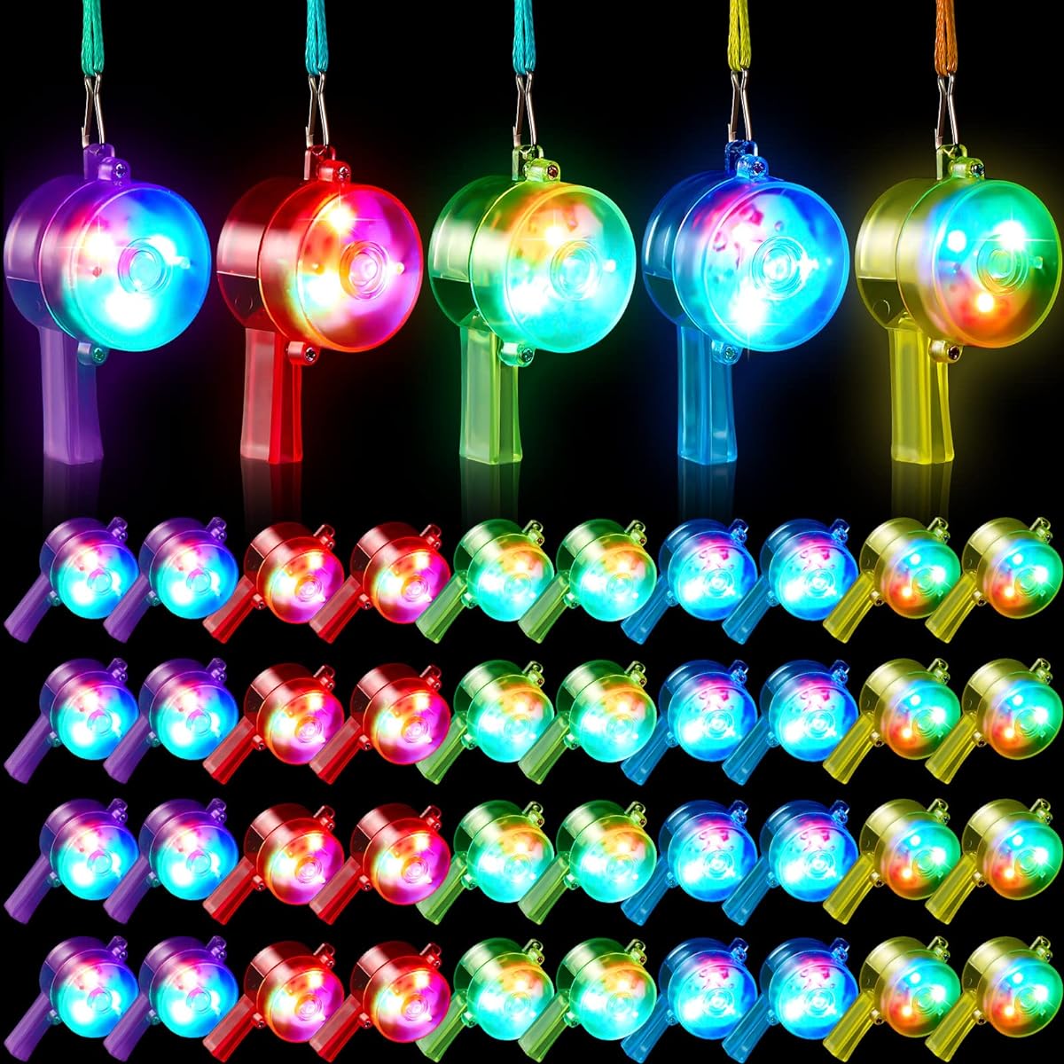 100pcs Luminous Whistles LED Light Up Whistles with Lanyards Glow in the Dark Whistle Necklaces for Birthday Christmas Halloween Party Favors Goodies Bag Fillers Random Color