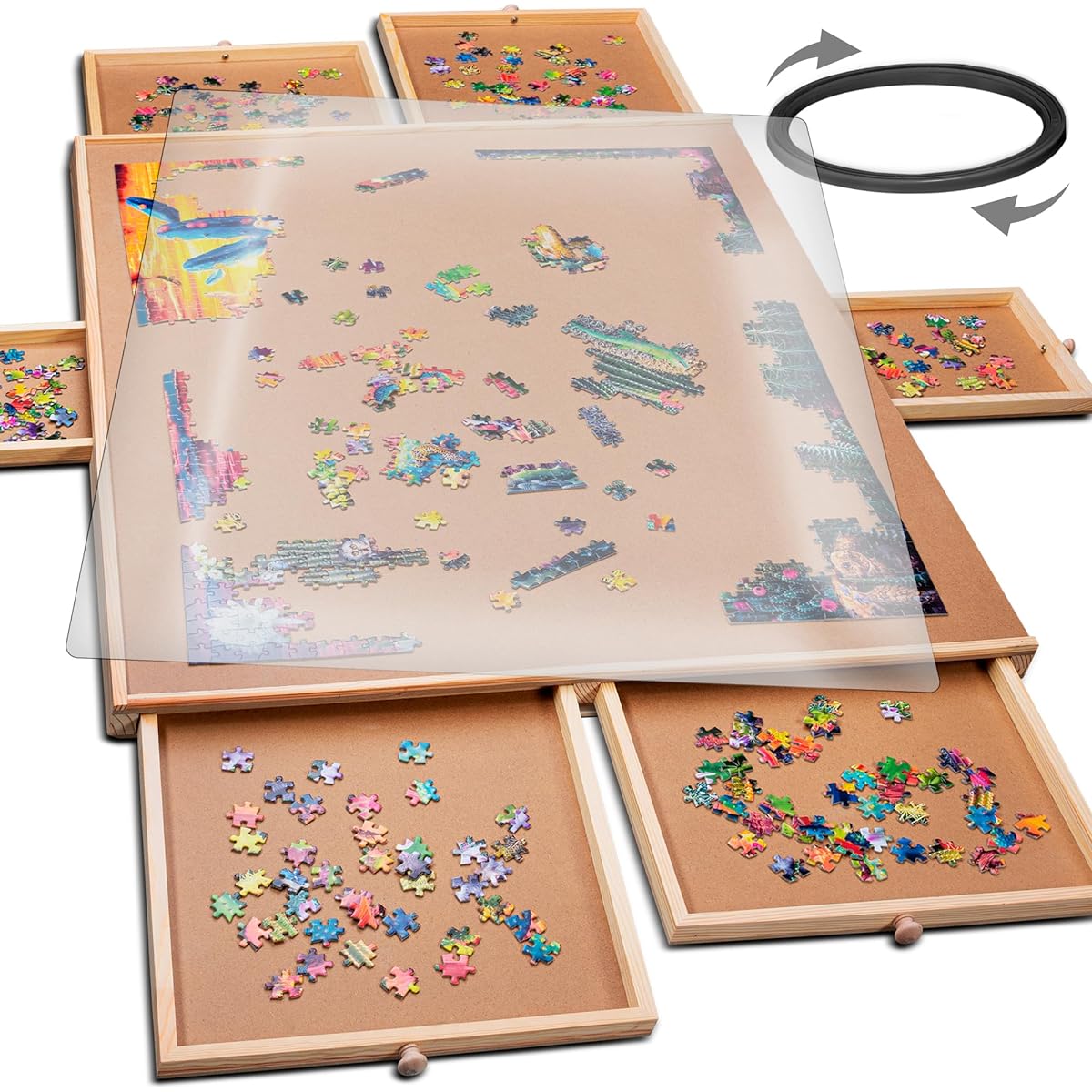 PLAYVIBE 1500 Piece Rotating Wooden Jigsaw Puzzle Table with 6 Drawers and Puzzle Cover, 27x35 Inch Jigsaw Puzzle Board, Portable Puzzle Table, PV006R