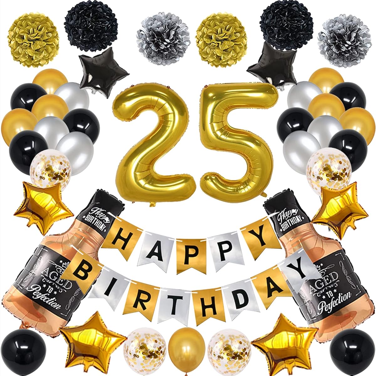 NANINUNENO 25th Birthday Decorations Gold Black Silver Happy Birthday Balloons for Boys Men Girls Women 25 Birthday Party Set with 25 Gold Number Balloons, Happy Birthday Banner and Whiskey