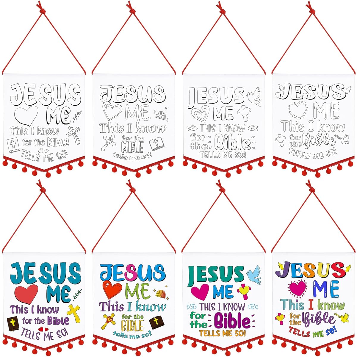 VitalCozy 24 Set Make Your Own Religious Banners for Kids DIY Jesus Loves Me Banners with Pom Poms Christian Religious Hanging Crafts for Kids Sunday School Religious Party Favors Games Activities