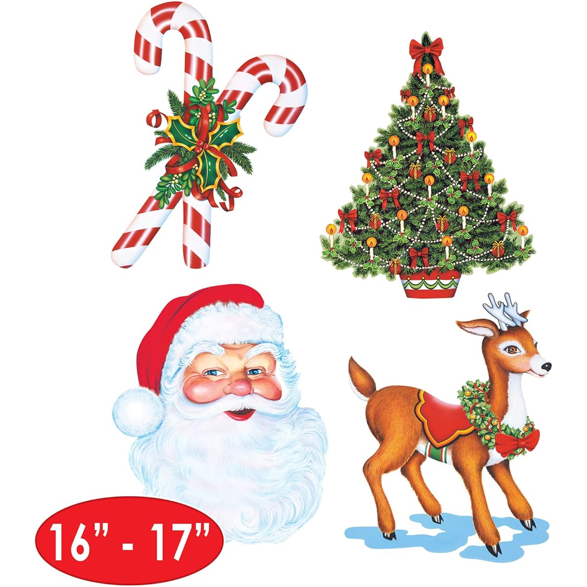 Beistle 8 Pieces Merry Christmas Decorations Paper Cutouts Holiday Party Supplies Santa Claus Reindeer Tree Candy Cane 16" - 17", Multicolor