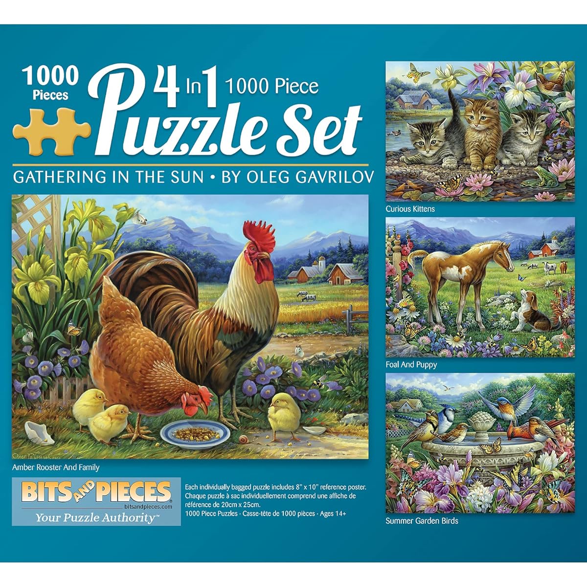 Bits and Pieces - Multi-Pack 4-in-1 1000 Piece Jigsaw Puzzle for Adults - Puzzle Dimensions 20" x 27" - 1000 Pieces Cat Puppy Rooster Family Summer Garden Bird Jigsaw Puzzle Artist Oleg Gavrilov