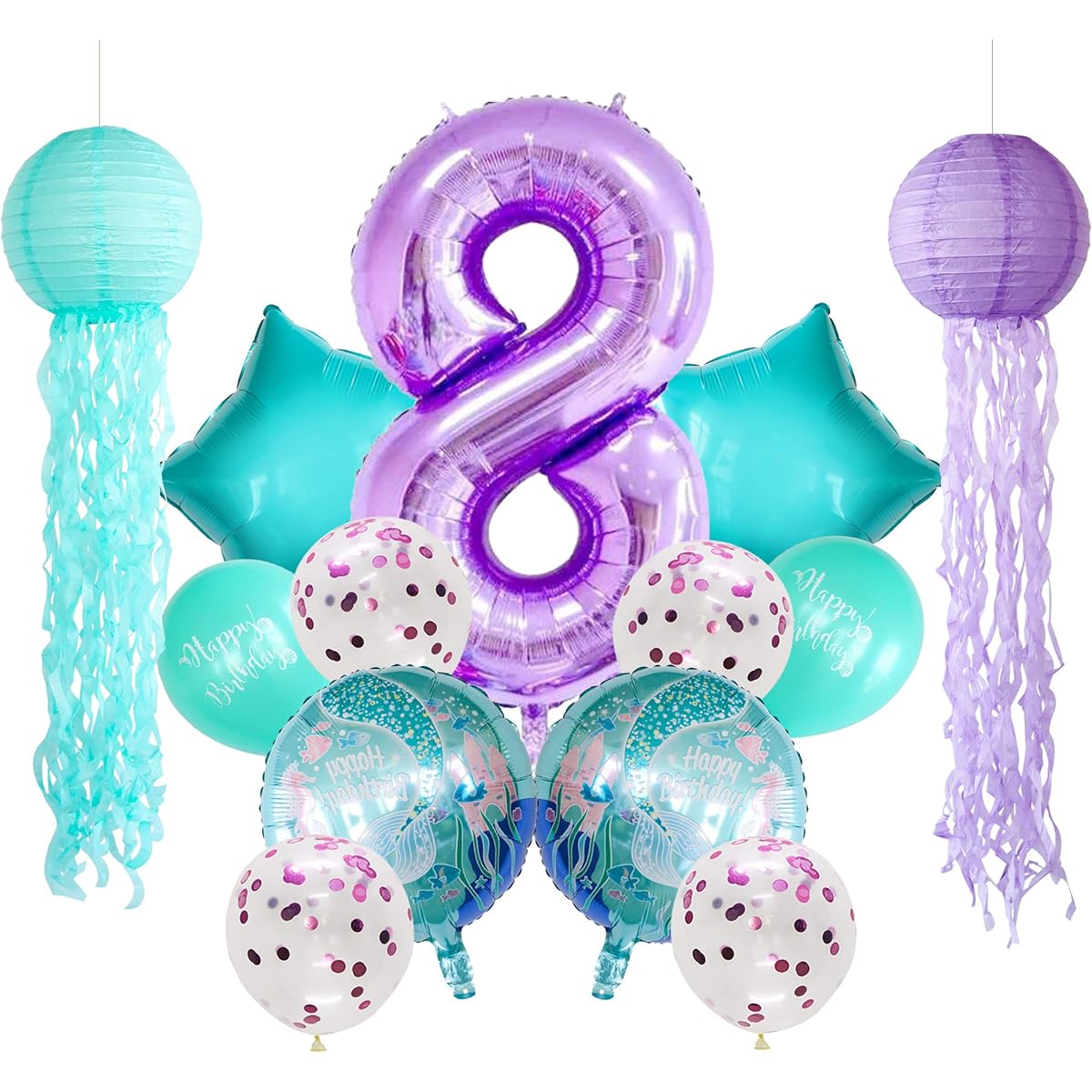ADLKGG 8 Years Mermaid Birthday Party Decorations for Girls Purple Teal Hanging Jellyfish Paper Lanterns Balloons 8 Foil Balloons Under the Sea Party Supplies for Outdoor and Indoor