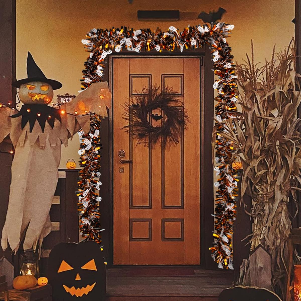 REALIFE 5 Pieces 79" Each Halloween Metallic Tinsel Skeleton Garland Hanging Decorations for Halloween Party Indoor & Outdoor Decorations