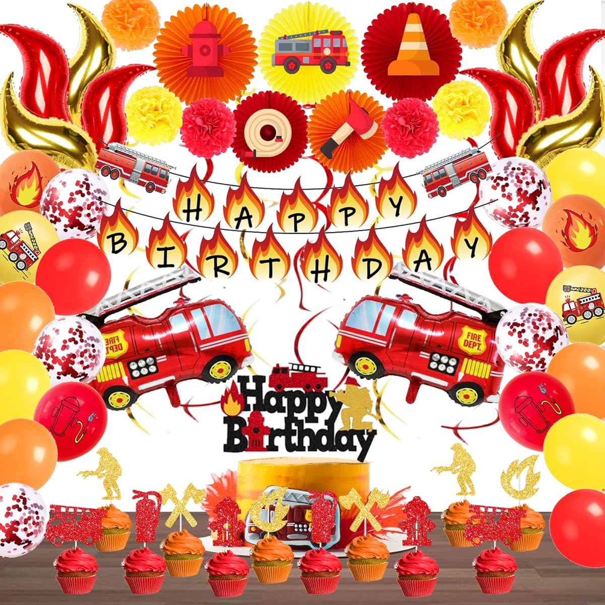 Fiesec Fire Truck Birthday Party Decorations, Fire Engine Birthday Party Decorations Hanging Swirl Paper Pom Poms Fans Balloons Happy Birthday Banner Cake Cupcake Toppers Firefighter Fireman Red