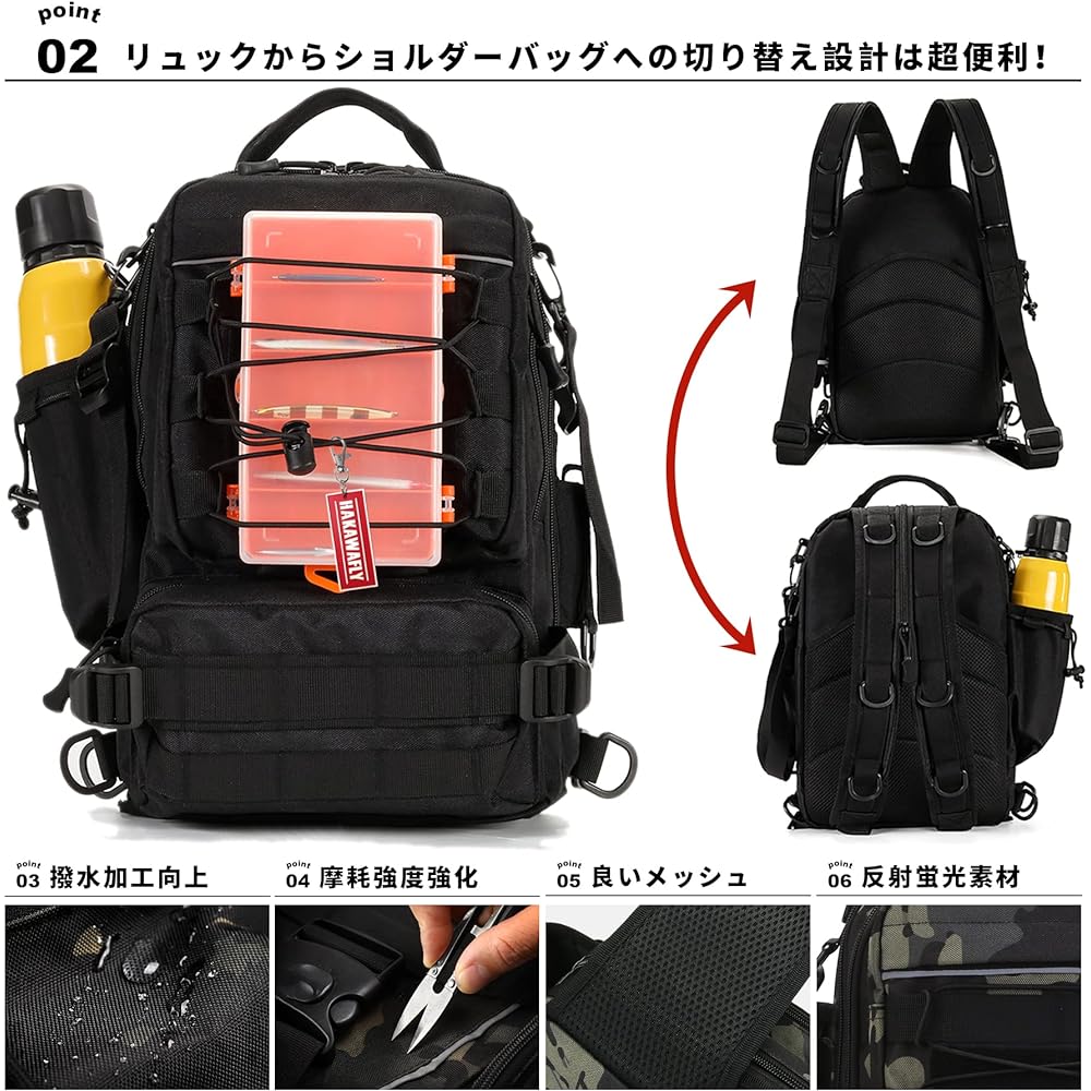 HAKAWAFLY Fishing Backpack, 5-Way Waterproof Fishing Bag, Fishing Bag, Multifunctional, Large Capacity, Includes 1 Waist Belt, 4 Rod Belts, and 5 Carabiners, Rucksack Backpack, 15.6 Inch, Water Repellent Tackle Bag