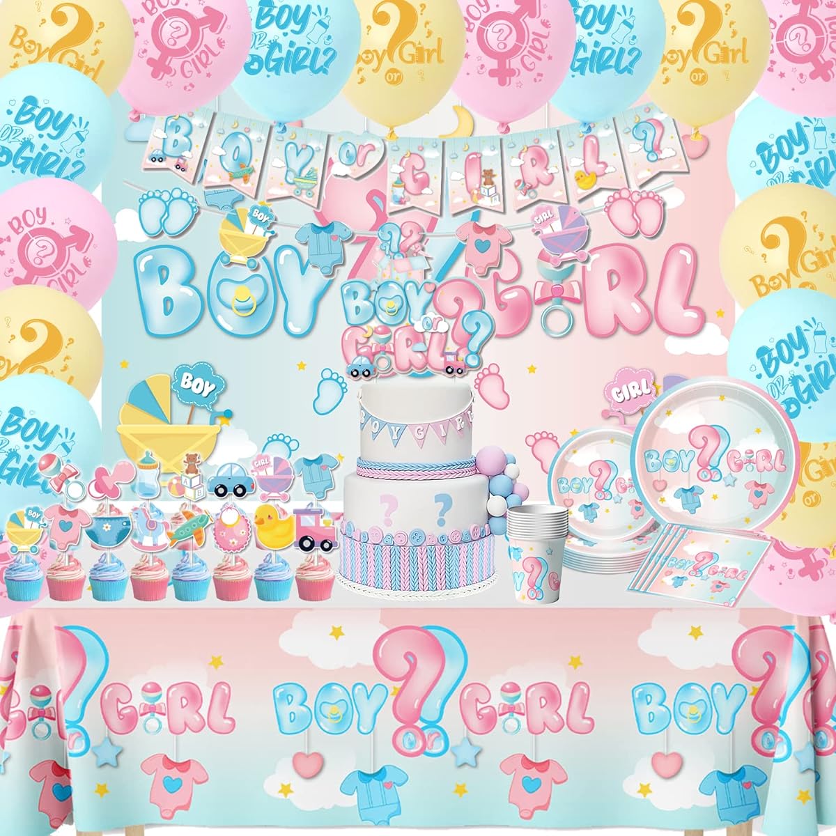 Gender Reveal Party Supplies Party Decorations Kit Set with Latex Balloons, Cake Topper, Backdrop Napkins, Cups, Plates, Tablecloth and Banner