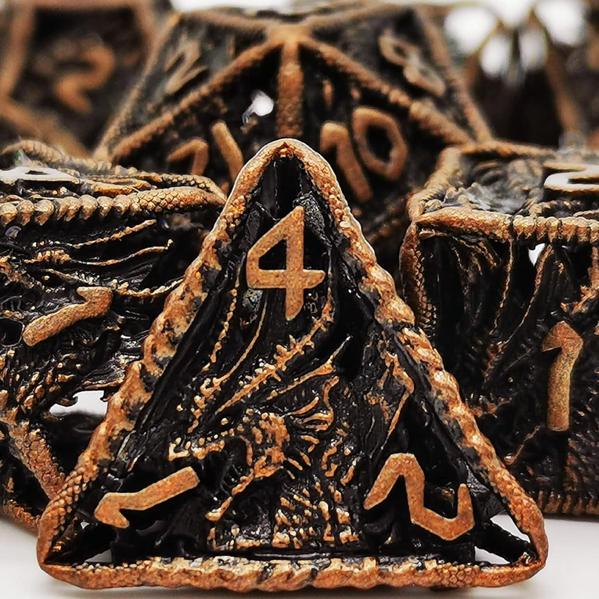 HAOMEJA Dice Hollow DND Dragon Metal Dice Set Role Playing Dice 7 Pieces D&D Dungeons & Dragons Dice (Antique Red Copper)