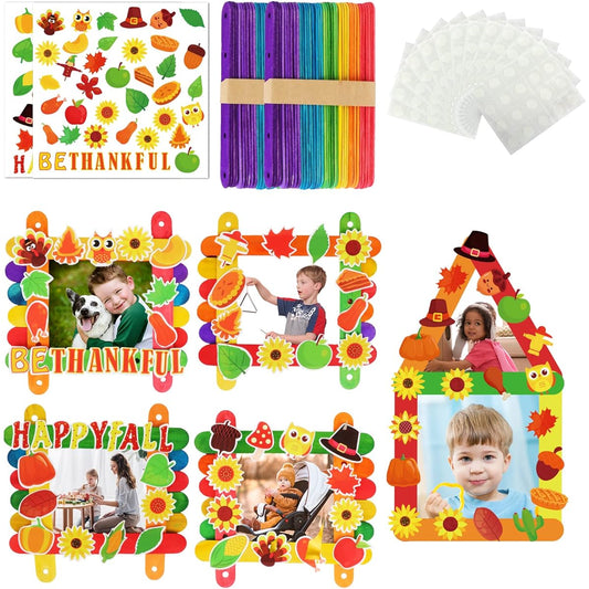 10pcs Fall Picture Frame Craft Kit for Preschool Kids, Fall Art DIY Photo Frame Craft Kit with 100 Color Sticks, Games Activities, Classroom Decorations, Holiday Home School Giveaways
