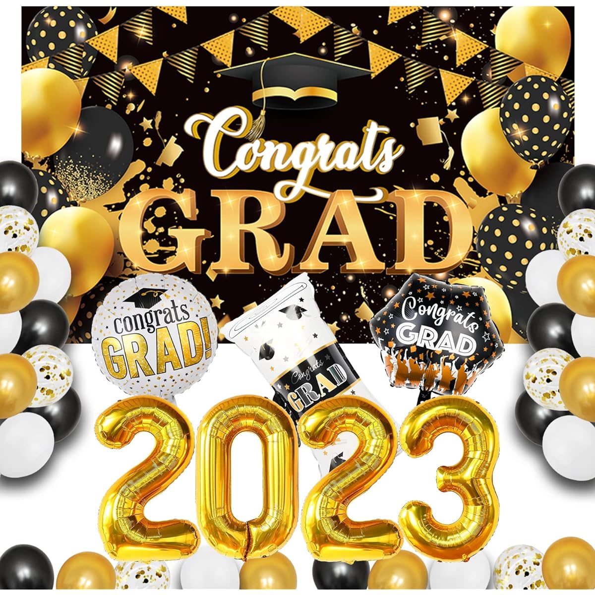 Graduation Party Decorations 2023 Set, Graduation Decorations 2023, Graduation Celebration Banner, Graduation Balloons, Graduation Party Supplies, Graduation Backdrop Black & Gold, Graduation Decorations 2023