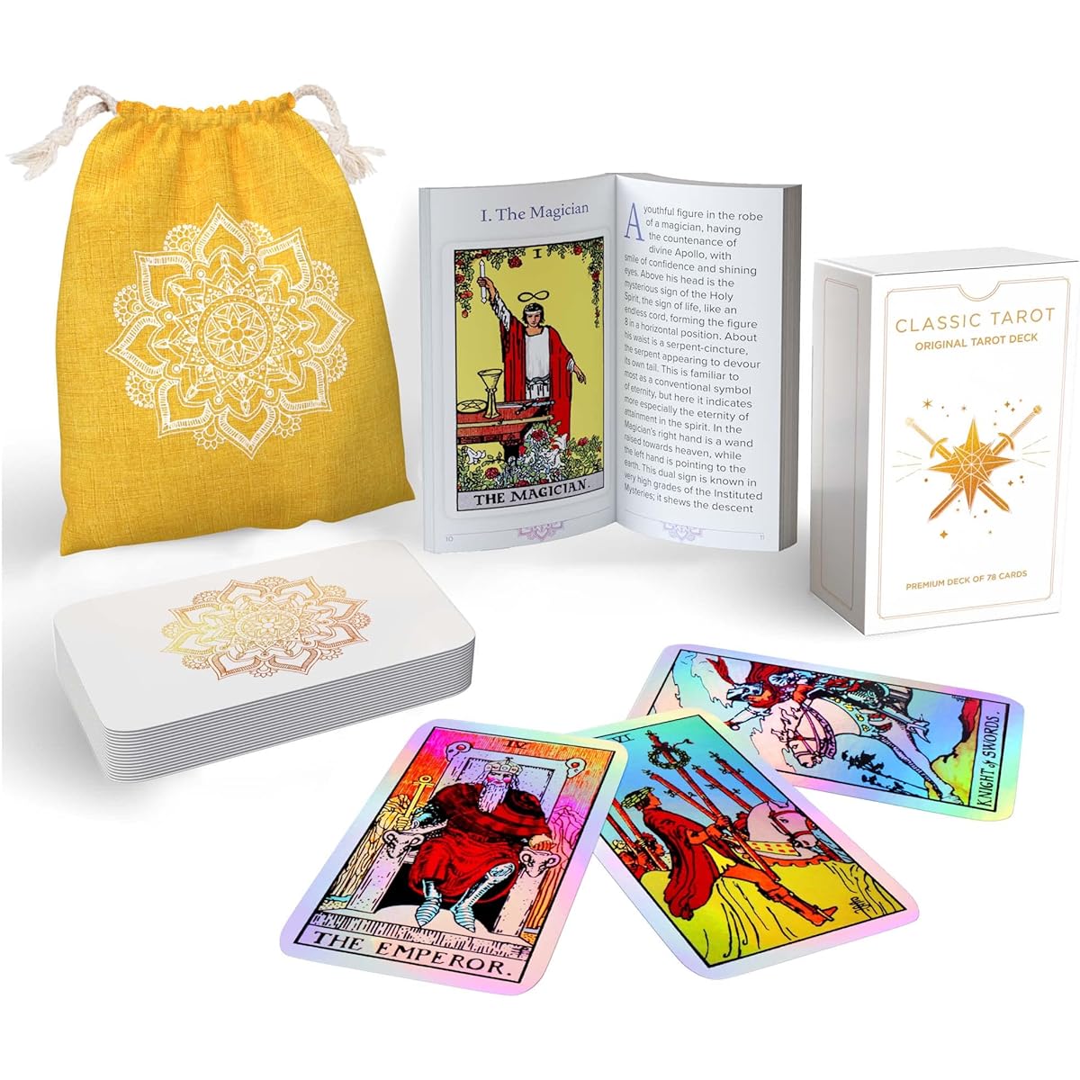 Sagesight Classic Tarot Card Deck with Guidebook & Premium Linen Carry Bag - Original Pamela Colman Smith Artwork - Vibrant Inks & Rich Colors - Durable Tarot Cards for All Skill Levels (Holographic)