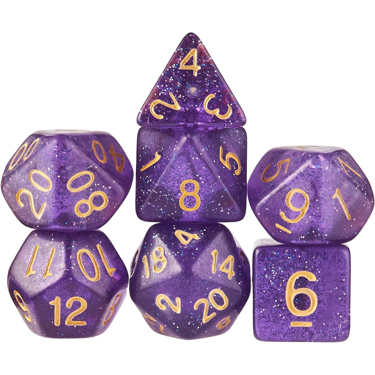 Wiz Dice Midnight Nebula Set of 7 Polyhedral Dice, Translucent Purple, Blue & Silver Glitter Tabletop RPG Dice with Clear Display Box