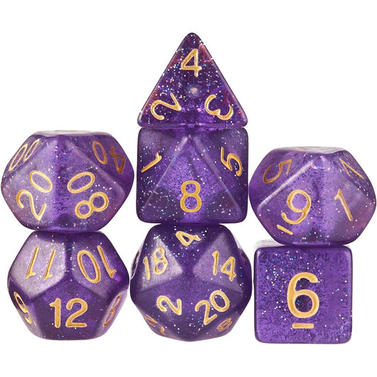 Wiz Dice Midnight Nebula Set of 7 Polyhedral Dice, Translucent Purple, Blue & Silver Glitter Tabletop RPG Dice with Clear Display Box