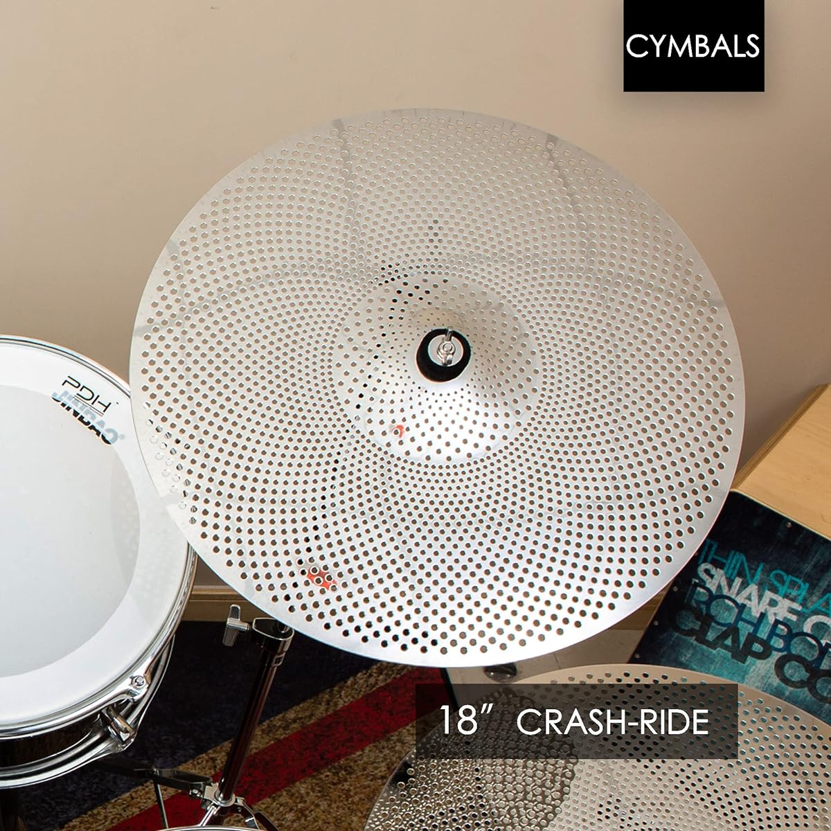 Low Volume Crash Ride Cymbal 18 Inch Practice Crash Ride Cymbal Quiet Crash Ride Cymbal (18 Inch, Silver)