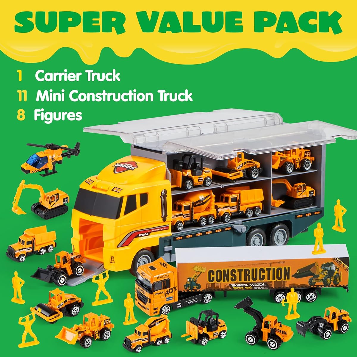 Joyin Toy 11 in 1 Die-cast Construction Truck Vehicle Car Toy Set Friction Powered Play Vehicles in Carrier Truck