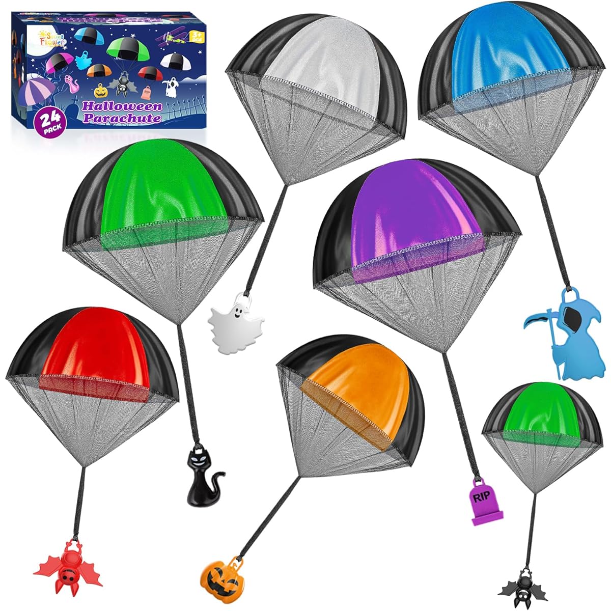 SpringFlower Halloween Party Favors 24 Pack Parachute Toys, Tangle-Free Outdoor Flying Parachute Toys, Hand Throwing, Spectating, Landing Toys for Kids, Halloween Goodie Bag Fillers, Halloween Miniatures