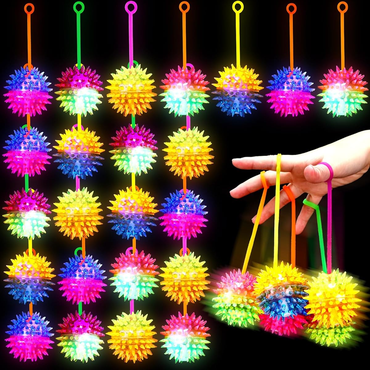 Wettarn 24 Pieces Bouncy Light Up Ball LED Flashing Pointy Sensation Stress Ball Fidget Sensation Glow in the Dark Party Favor Birthday Gift Classroom Favor Return Gift (Massage Ball)