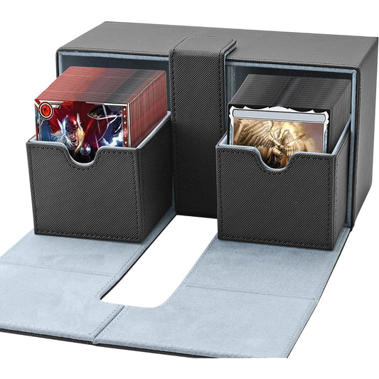 WOWAMZ Deck Box for MTG, Commander Deck Box for 200+ Sleeved Cards, Card Deck Box for MTG/TCG/CCG, Premium Leather Twin Flip Card Storage Deck Case with 3 Trays for Protecting Game Cards (Black)