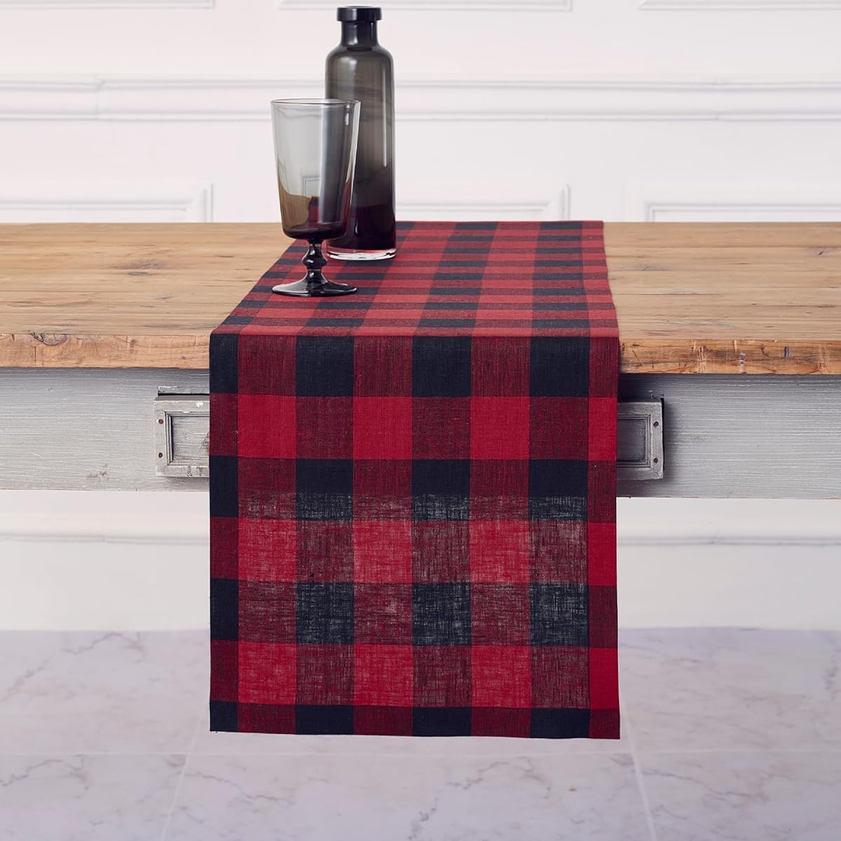Solino Home Buffalo Check Linen Table Runner - 100% Pure Linen 14 x 120 Inches Plaid Table Runner for Indoor/Outdoor/Parties/Events - Red and Black Handcrafted from European Flax