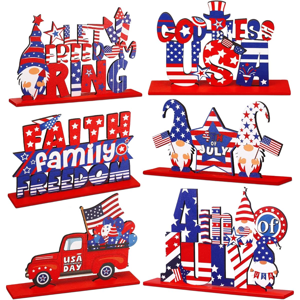 Geelin 6 Pieces 4th of July Table Decoration Wooden Patriotic Table Centerpiece Sign 4th of July Decoration Independence Day Letter Patriotic Decoration God Bless America Memorial Day Decoration