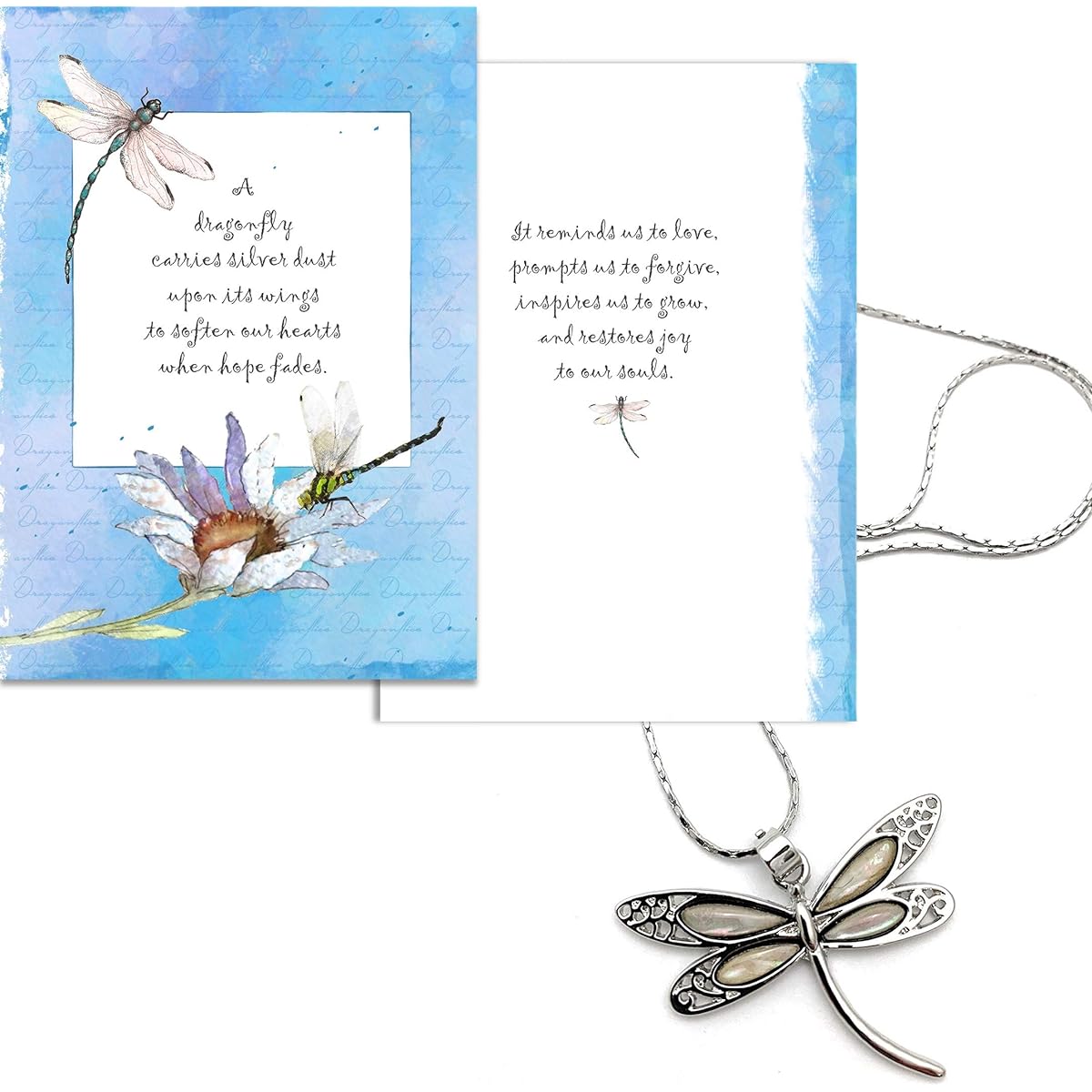 Smiling Wisdom - White Avalon Shell Dragonfly Gift Set - Restore Hope and Joy - Dragonfly Greeting Card - For Her Women Teen - Stainless Steel Cobra Chain - Silver & Opal Color