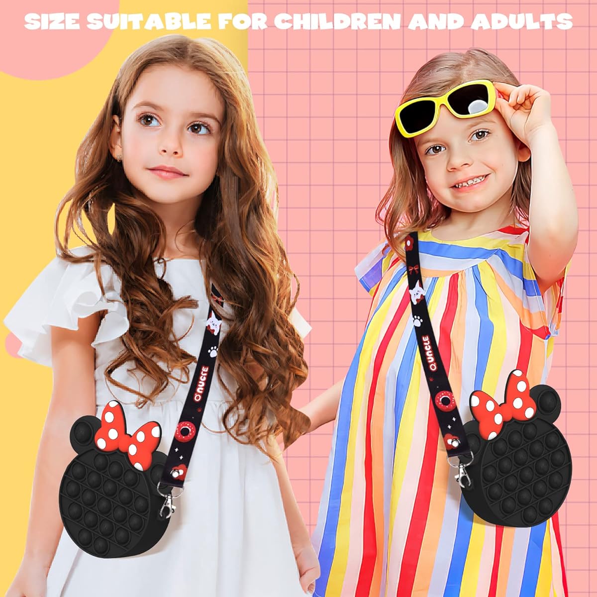 Pop Purse for Girls Crossbody 2 in 1 Fidget Purse Pop Poppet Bag Bubble Purse Cartoon Silicone Fidget Toy Handbag with Adjustable Shoulder Strap Gift for Girls and Kids (Minnie)
