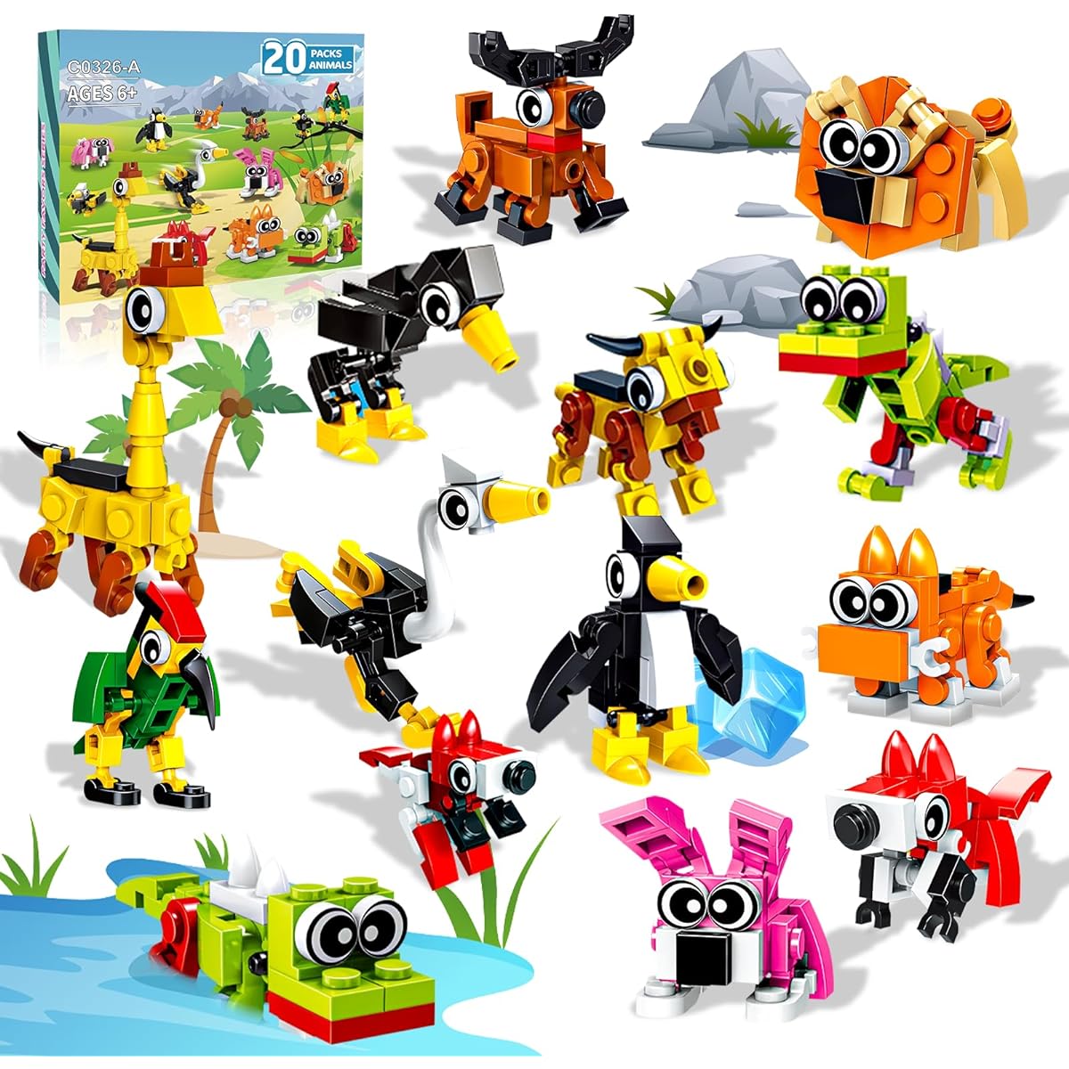 eafzv 20 Pack Party Favors for Kids Animal Figures Building Blocks Toy Set Christmas Party Favors Goodies Bag Stuffers Classroom Giveaways Gifts for Kids Boys Girls Ages 6+