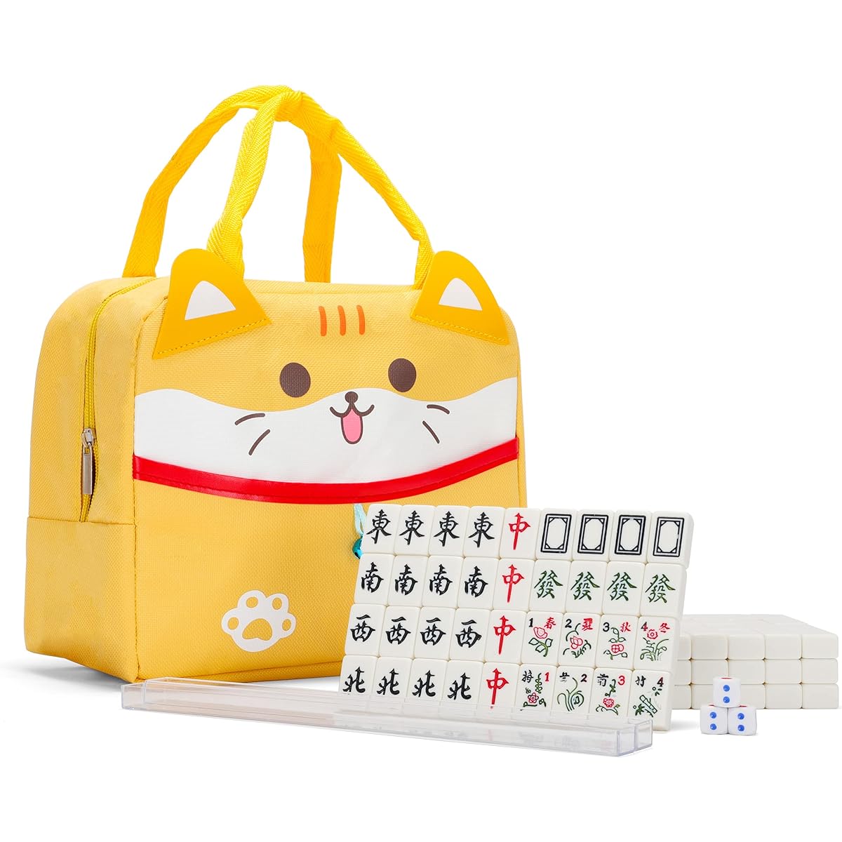 drizzle Travel Mahjong Travel Mini Mahjong Traditional Chinese Version Game Set - 0.9 Inch Portable 146 Tiles Melamine Material Mahjong - Includes Rack Pusher and Cat Bag - Travel Family Leisure Time